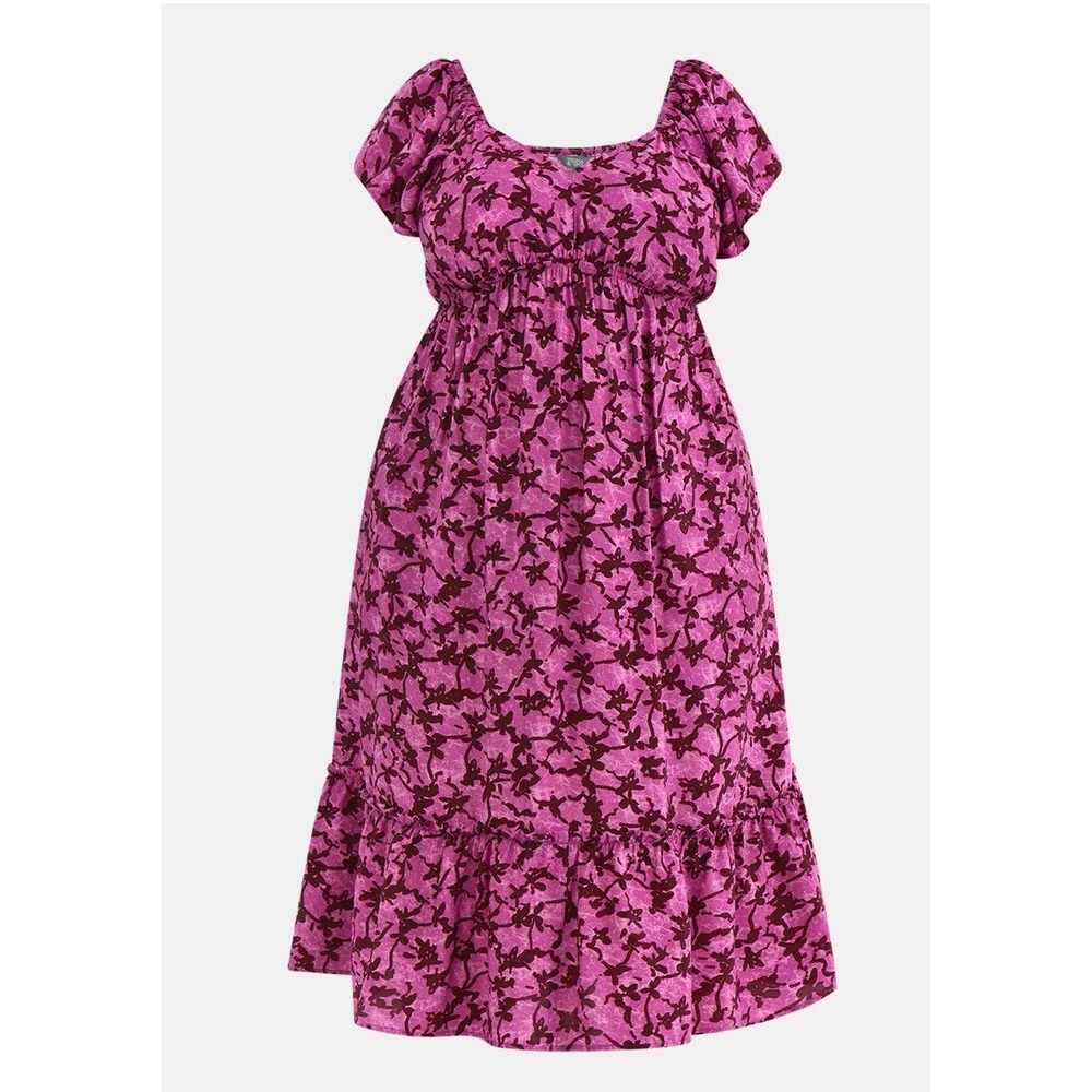 Terra & Sky Dress Women 3X Flutter Sleeve Midi Smocked Floral Orchid Peasant NEW